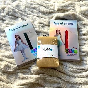 Girls size 8-10 tights. One pair black, one pair red, one pair gold shimmer.